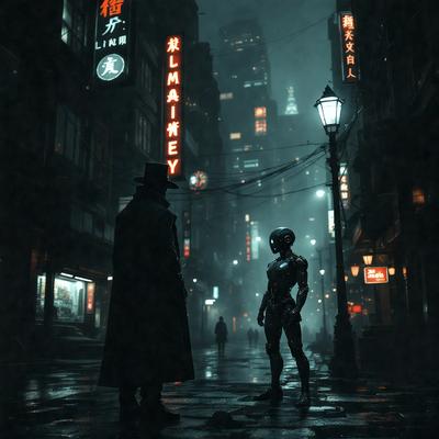 The primary subject of the image is a man in a black hat and a black coat, standing on a rain-soaked street. The setting is a city street at night, with buildings and streetlights visible in the background. The visual style is a black and white photo, giving the image a classic and dramatic atmosphere. The dominant colors are black and white, with some shades of gray and red from the streetlights. The overall mood of the image is mysterious and moody, as the man and the cityscape are bathed in the glow of the streetlights.